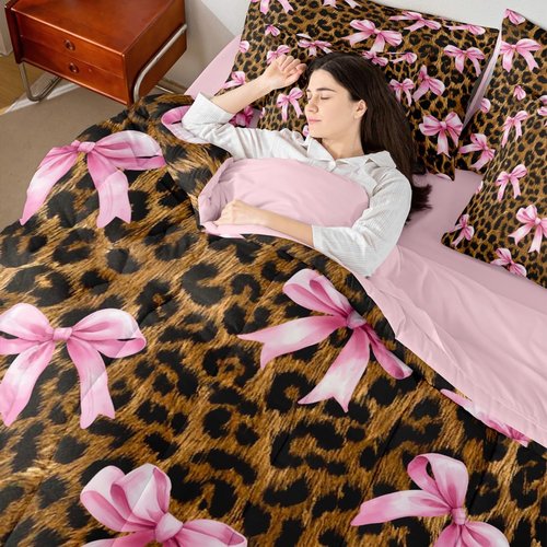 Castle Fairy Bowknot Leopard Bed in a Bag Comforter Set,Girly Princess Pink Bow Full Size 7 Pieces for Kids Teens,Cheetah Fur Print Bedding Set with Comforter, Sheet Set, Pillowcases, Pillow Covers