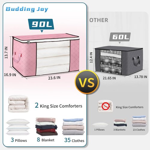 Budding Joy 90L Large Storage Bags - 6 Pack Foldable Closet Organizers for Blankets & Pillows | Pink