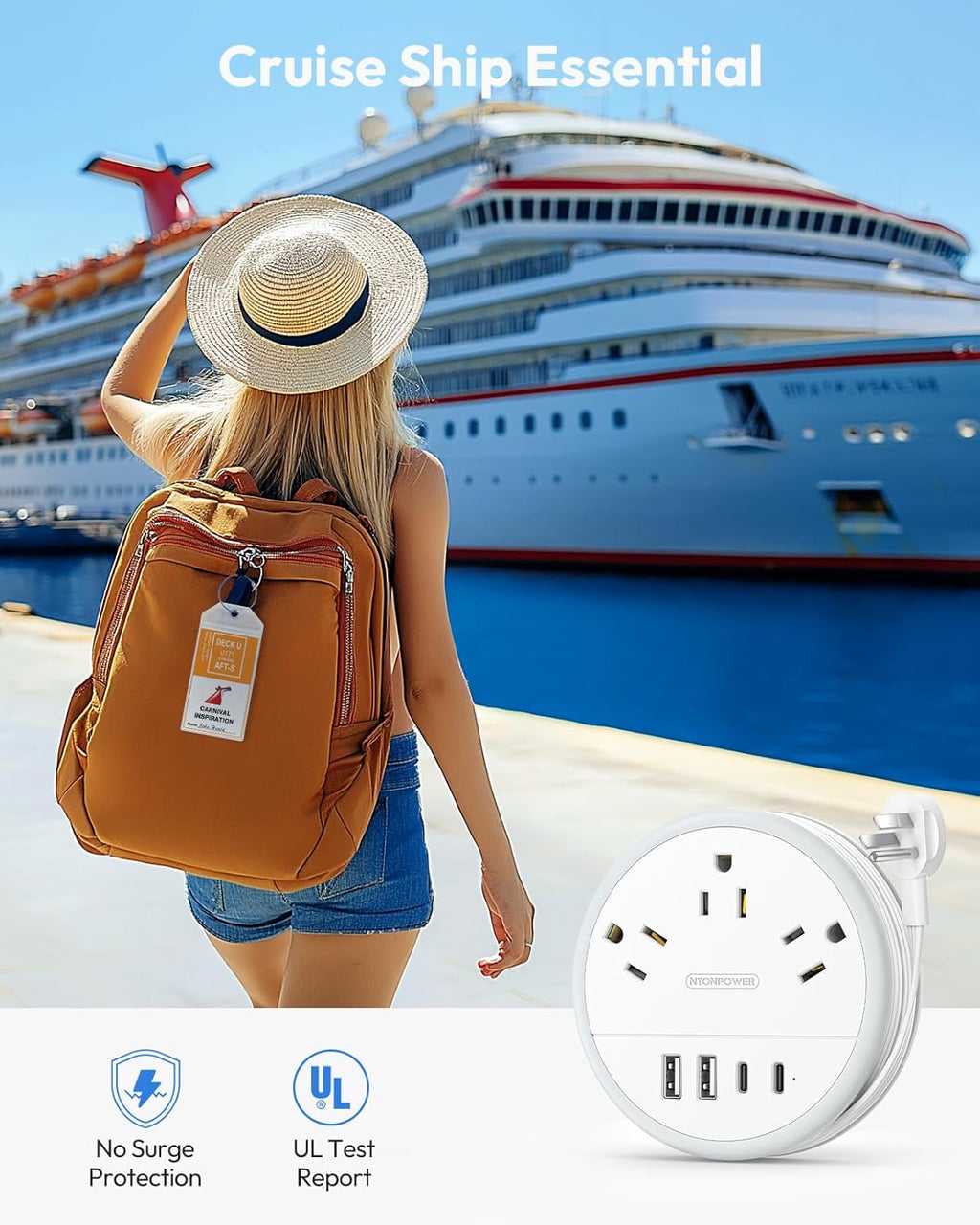 NTONPOWER Travel Power Strip - 3 Outlets & 4 USB Ports (2 USB-C) | 4FT Extension Cord for Cruise & Beach Trips