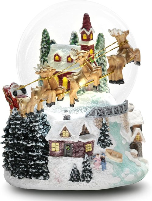Christmas Snow Globe - 7'' Light-Up Musical Decoration with Santa Sleigh & Reindeer