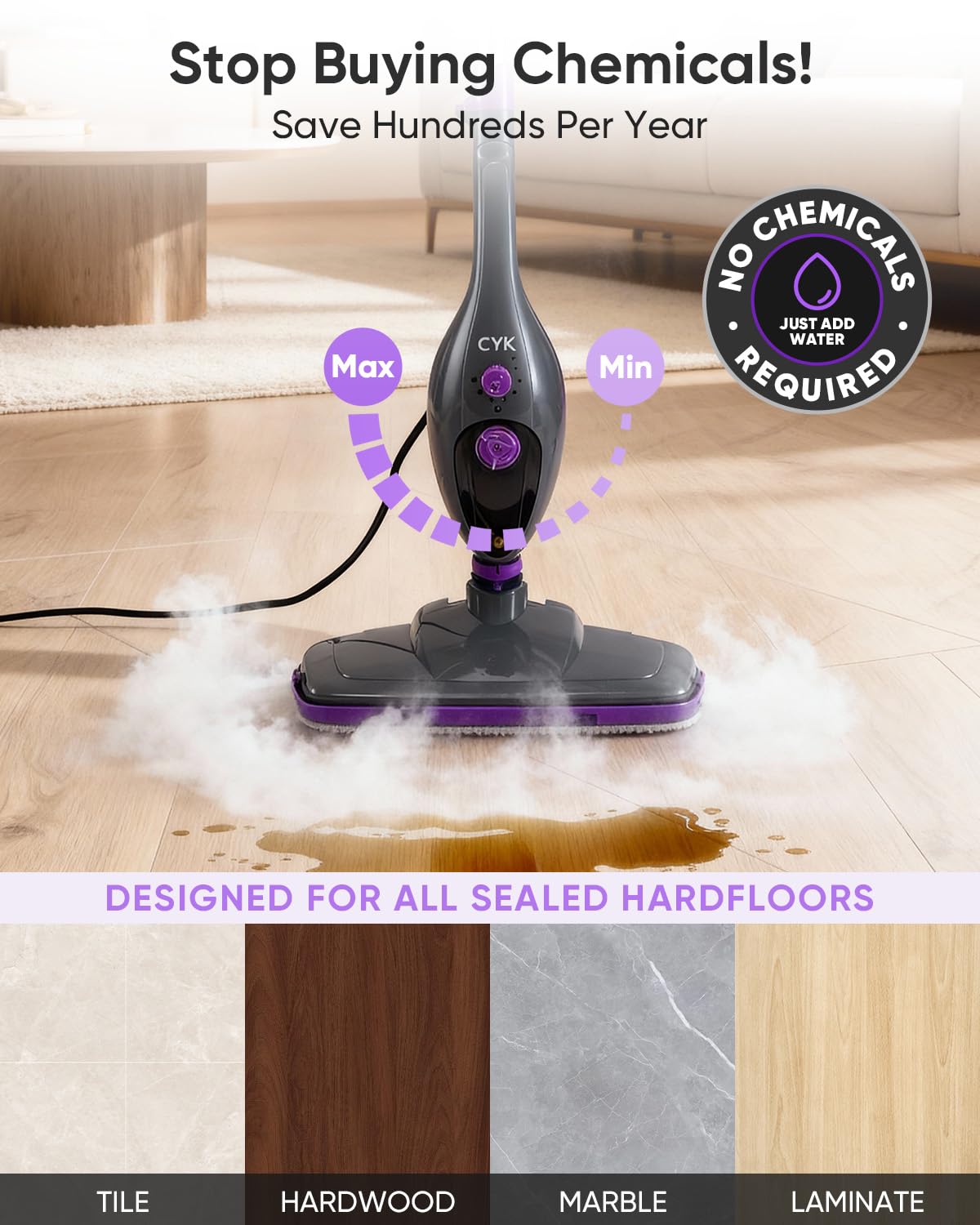 CYK Steam Mops for Floor Cleaning, 12 in 1 Handheld Steam Cleaner for Home, Floor Steamer for Hardwood Floors and Tile (Purple-grey)