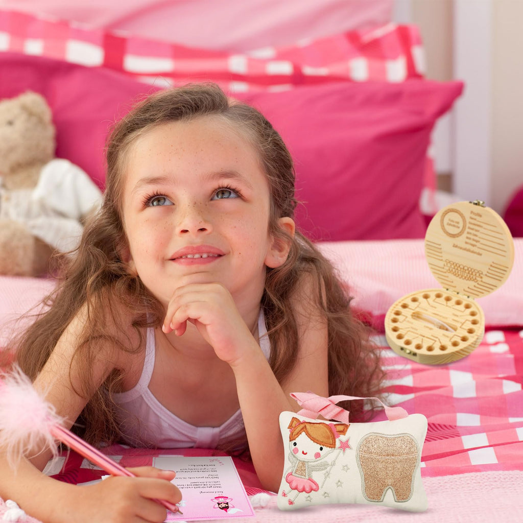 Qunclay Tooth Fairy Kits Includes 3.9 x 5.9 Inch Cute Tooth Fairy Pillow Wooden Keepsake Box Container and 20 Warm Letters(Pink,Girl Style)