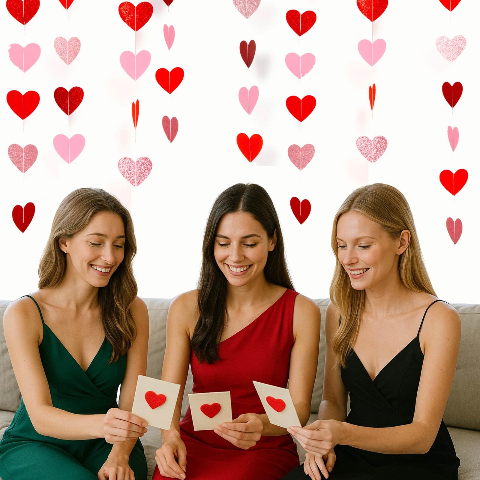 Heart Garland Banner Valentines Decorations- Valentines Galentines Day, Pink Rose Gold Burgundy Red Party Hanging Décor- 52ft Pre-Strung Paper Hearts Garland Streamers for Bridal Shower Party, NO DIY
