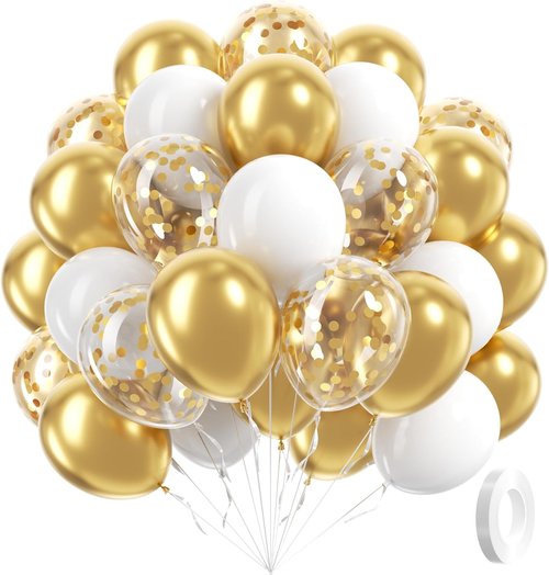 60pcs Gold & White Balloons - 12-Inch Metallic Confetti Balloons for Graduation, Wedding & Birthday Decor