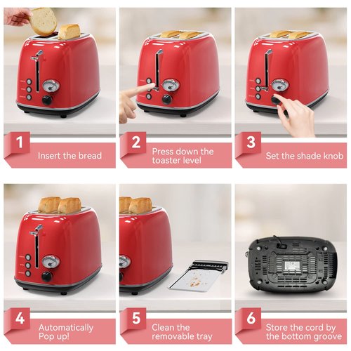 Toaster 2 slice,Retro Stainless Steel Toaster with 6 Settings, 1.5 In Extra Wide Slots, Bagel/Defrost/Cancel Function, Removable Crumb Tray (Red)