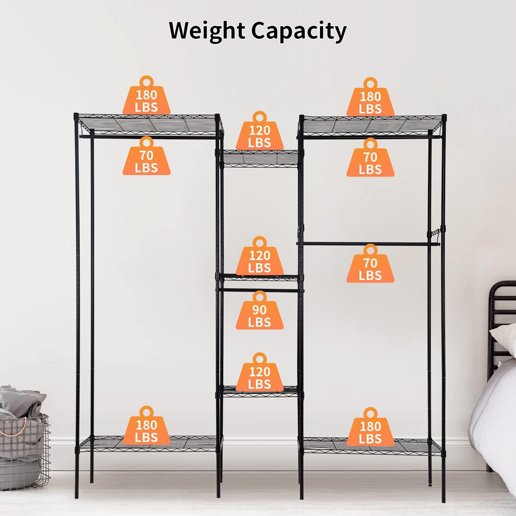 PayLessHere Metal Garment Rack - Adjustable Portable Closet with 4 Hanger Rods & 7 Shelves, Black