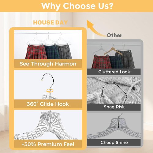 HOUSE DAY Clear Plastic Pants Hangers - Non-Slip Clips & 360° Swivel Hook | 12 Pack for Tops & Bottoms