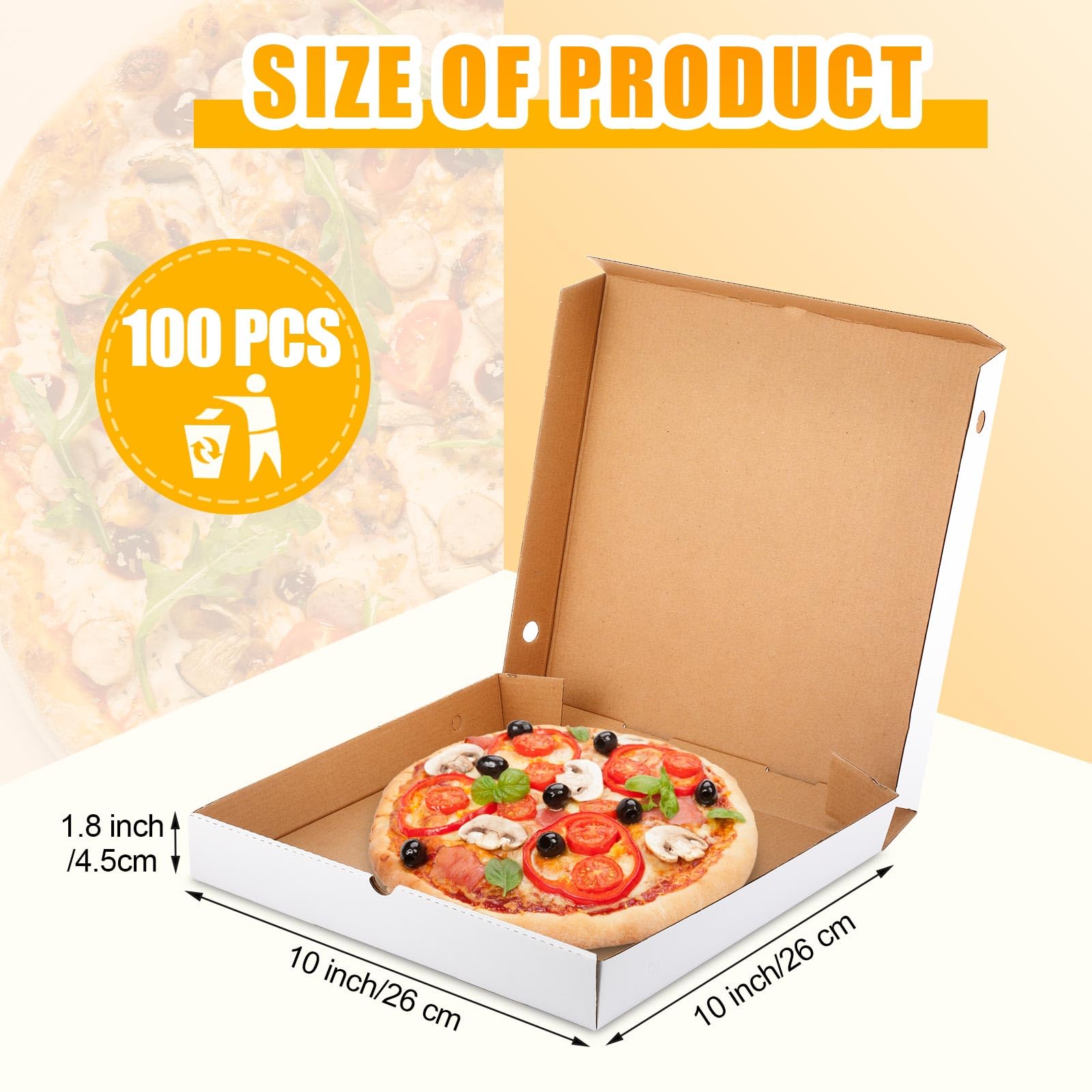 PerKoop 100 Pcs 10"x10" Pizza Boxes Bulk 10inch Empty Cardboard Pizza Box Reusable Square Food Serving Container for Takeout Bakery Restaurant Party Supplies(White and Kraft)