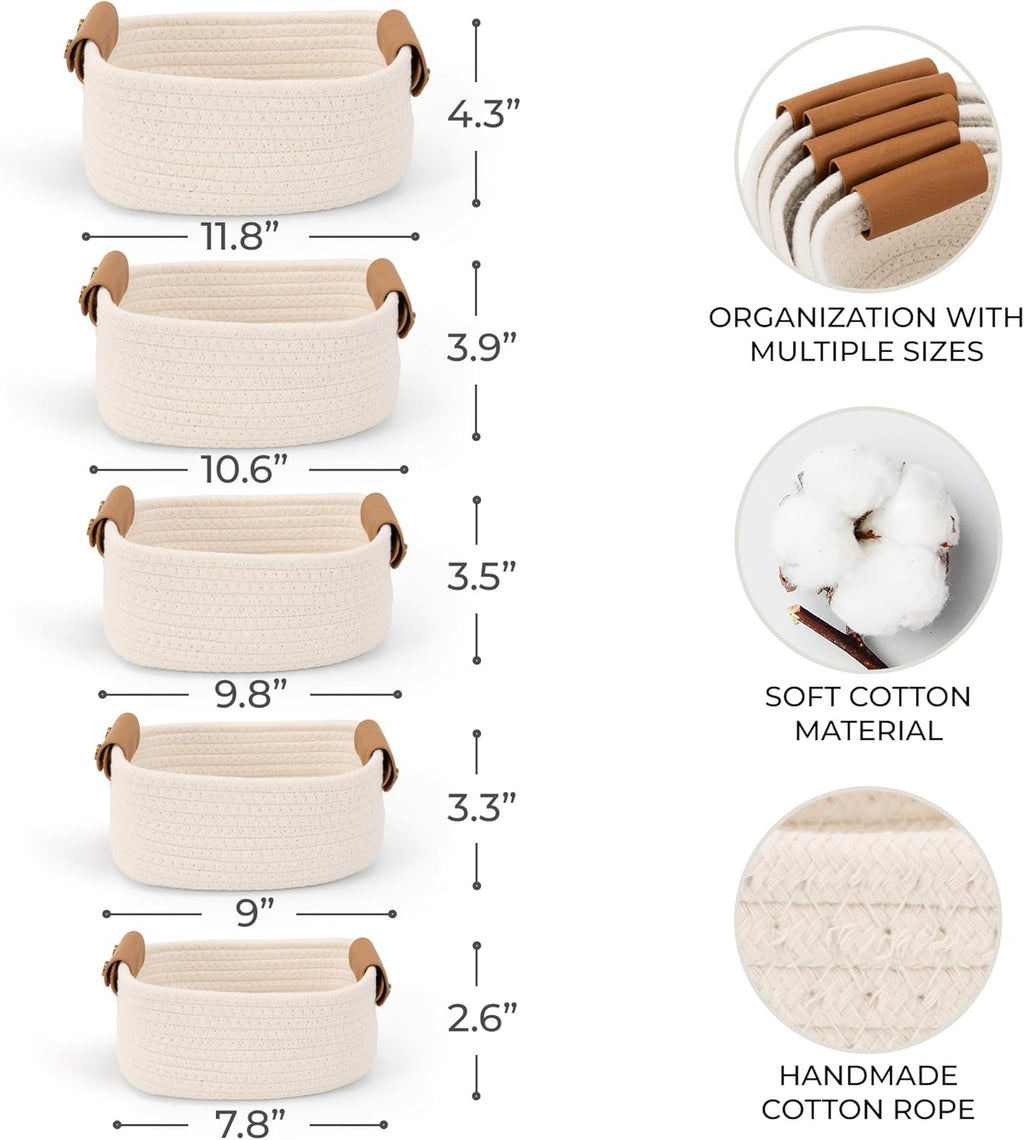 Skiennix Beautiful Storage Basket Set of 5 - Sturdy Cotton Rope Baskets for Home Organization | Perfect for Nursery & Bedroom Decor
