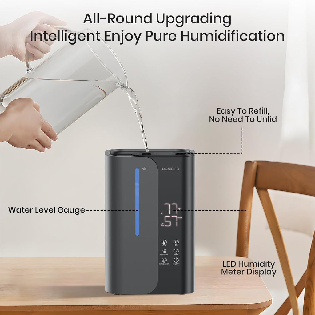 OGACFO 5L Smart Air Humidifier - Top Fill Design with Essential Oils | 50H Runtime, Quiet 28 dB for Home & Nursery