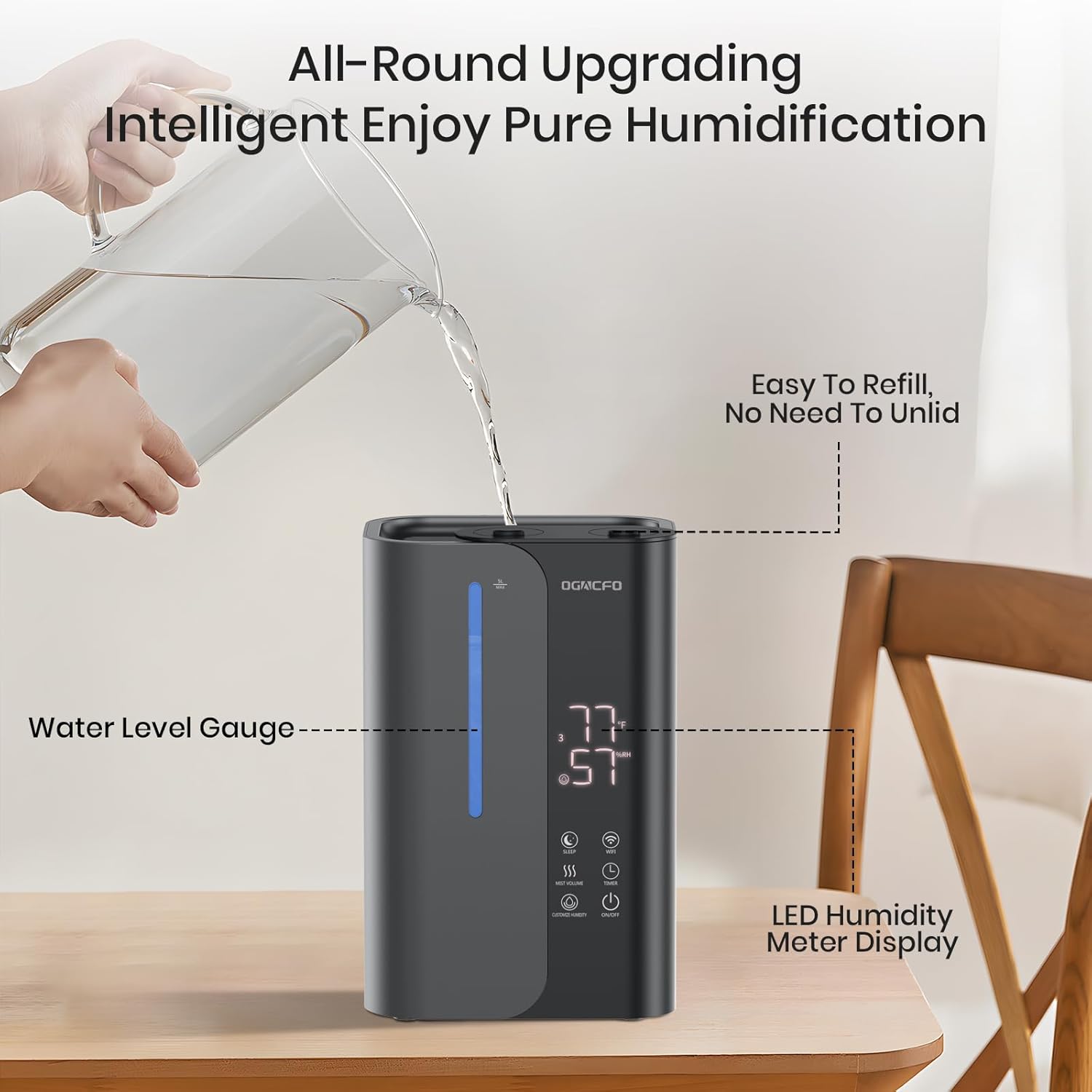 OGACFO 5L Smart Air Humidifier - Top Fill Design with Essential Oils | 50H Runtime, Quiet 28 dB for Home & Nursery
