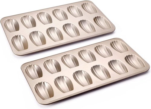 HONGBAKE Nonstick Madeleine Pan - 2 Pack 12-Cavity Heavy Duty Baking Trays | Champagne Gold Finish