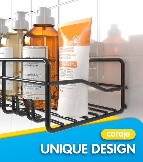 Coraje Adhesive Bathroom Caddy - Large Capacity Rustproof Metal Shelves | 2-Pack Black Organizer for Shower Essentials
