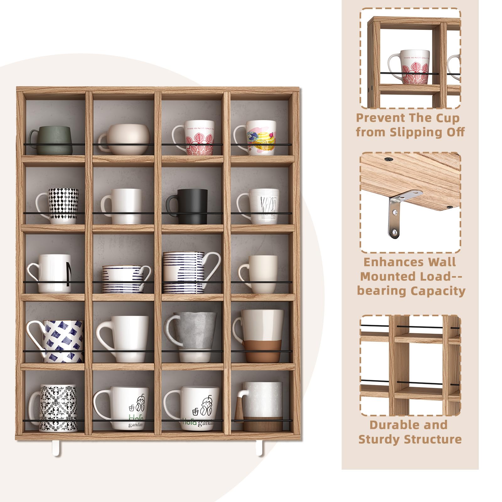 WYJREES Wooden Coffee Mug Display Rack, Wall Mounted Coffee Cup Display Shelf, Hold 24 Mugs, Rustic Shot Glass Display Case, Coffee Mug Holder Organizer for Kitchen, Coffee Station (23.6 * 29.5in)