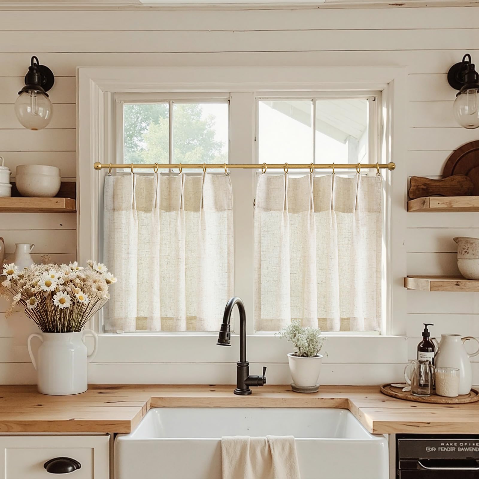 jinchan Linen Pinch Pleated Kitchen Curtains 30 Inch 2 Panels, Natural Linen Tier Curtains Back Tab Farmhouse Cafe, Light Filtering Small Window Drapes for Bathroom Laundry Room Beige