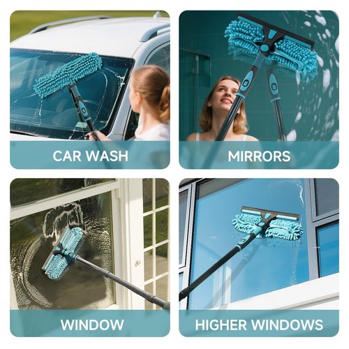 AIDELY 62" Window Squeegee, 2 in 1 Window Cleaning Tool with Telescopic Pole, Rotatable and Bendable Head for High Windows Indoor Outdoor, Includes 2 Blades & 2 Pads (Microfiber+Pads)