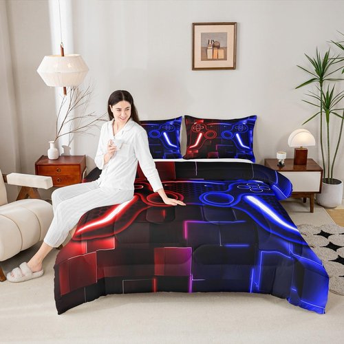 Erosebridal Gamer Comforter Set for Boys Bedding Set 2-Piece Game Console Comforter for Kids Girls Teen 3D Black Gamepad Gaming Bed Sets with Neon Check(Red Blue,Twin)