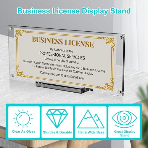 Boloyo Acrylic Business License Display Frame, 10 inch 1PC Clear Display Stand Holder Easel Base Protector for 4x9 Business License Certificate Collectors