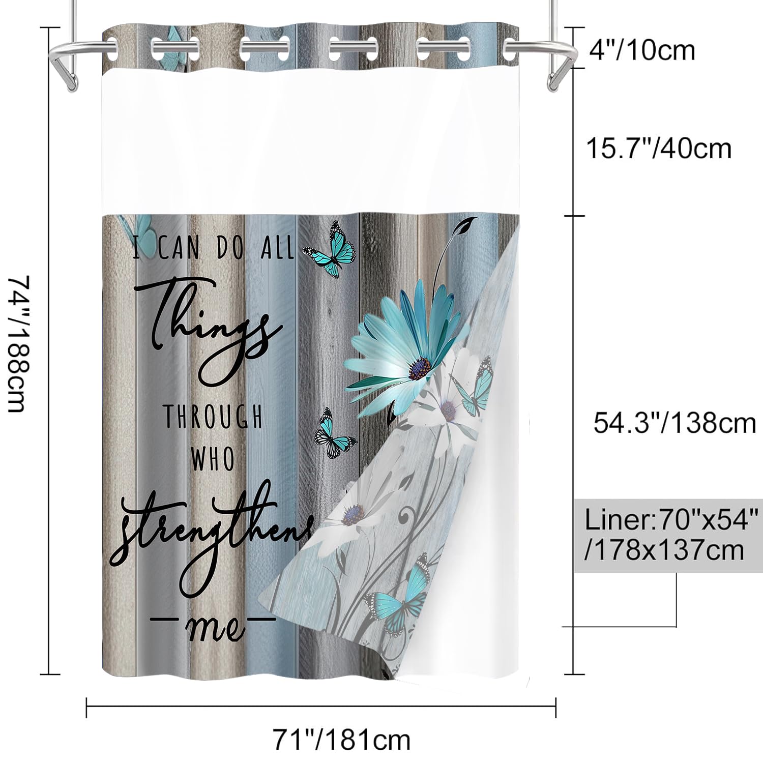 AZHM No Hooks Shower Curtain with Snap in Liner Rustic Teal Daisy Flower Inspirational Quotes Curtain for Bathroom Decor See Through Top Window Double Layers, 71x74 inches
