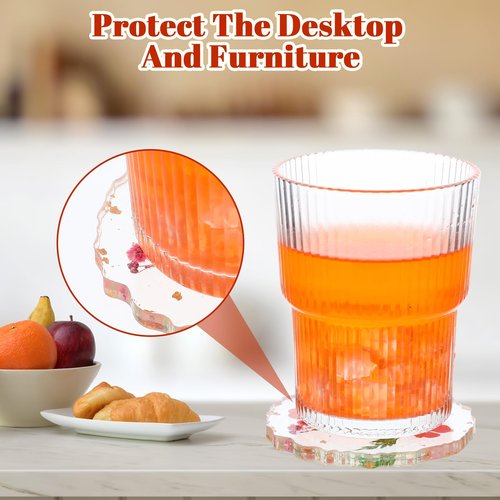 Dried Flower Coasters Set of 2, Non-Slip Decorative Floral Resin Coasters, Reusable Exquisite Flower Coaster for Coffee Table Desk Kitchen Bar Mugs(2 Style)