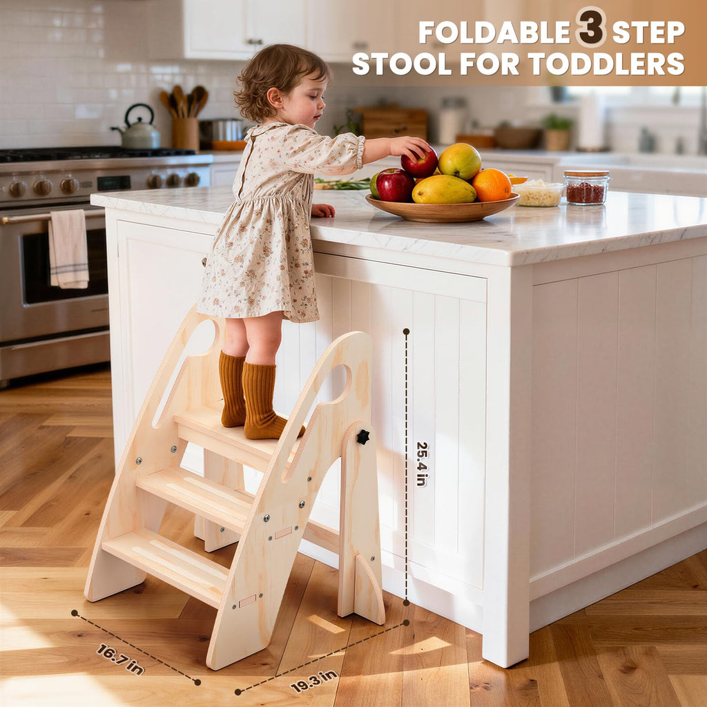 Toddler Step Stool, Wooden Foldable 3-Step Stool for Kids, Potty Training Stool with Handles and Non-Slip Strips for Bathroom Sink, Kitchen, Bedroom