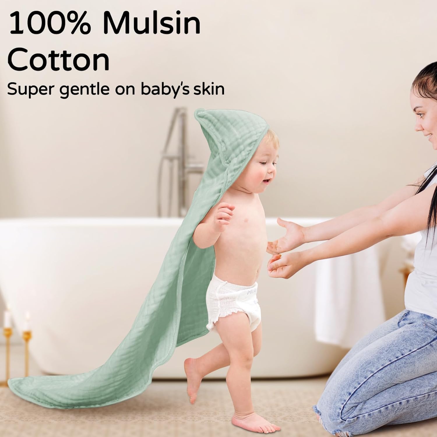 Yoofoss Hooded Baby Towels - 100% Muslin Organic Cotton Bath Towels for Newborns | 2-Pack, Soft & Absorbent, 32x32 Inch, Apricot & Green
