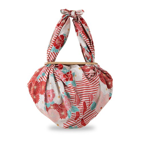 NOREN Furoshiki Wrapping Cloth Bag and Handle Set (Retro Flower Red / 39.4 inch) Handbag Japanese Tote Bag Reusable Folding Bag with Pockets/Made in Japan 100% Cotton Japanese Kimono Desigh