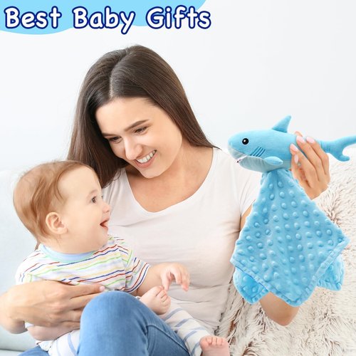 Gicoherero Shark Blanket Security for Baby Soft Lovey Plush Sleeping Snuggle Gifts Boy Blue Minky Dot Stuffed Ocean Animal Newborn Nursery Kids Toddler First Birthday Unisex Blankie Gift Ideas 15 Inch