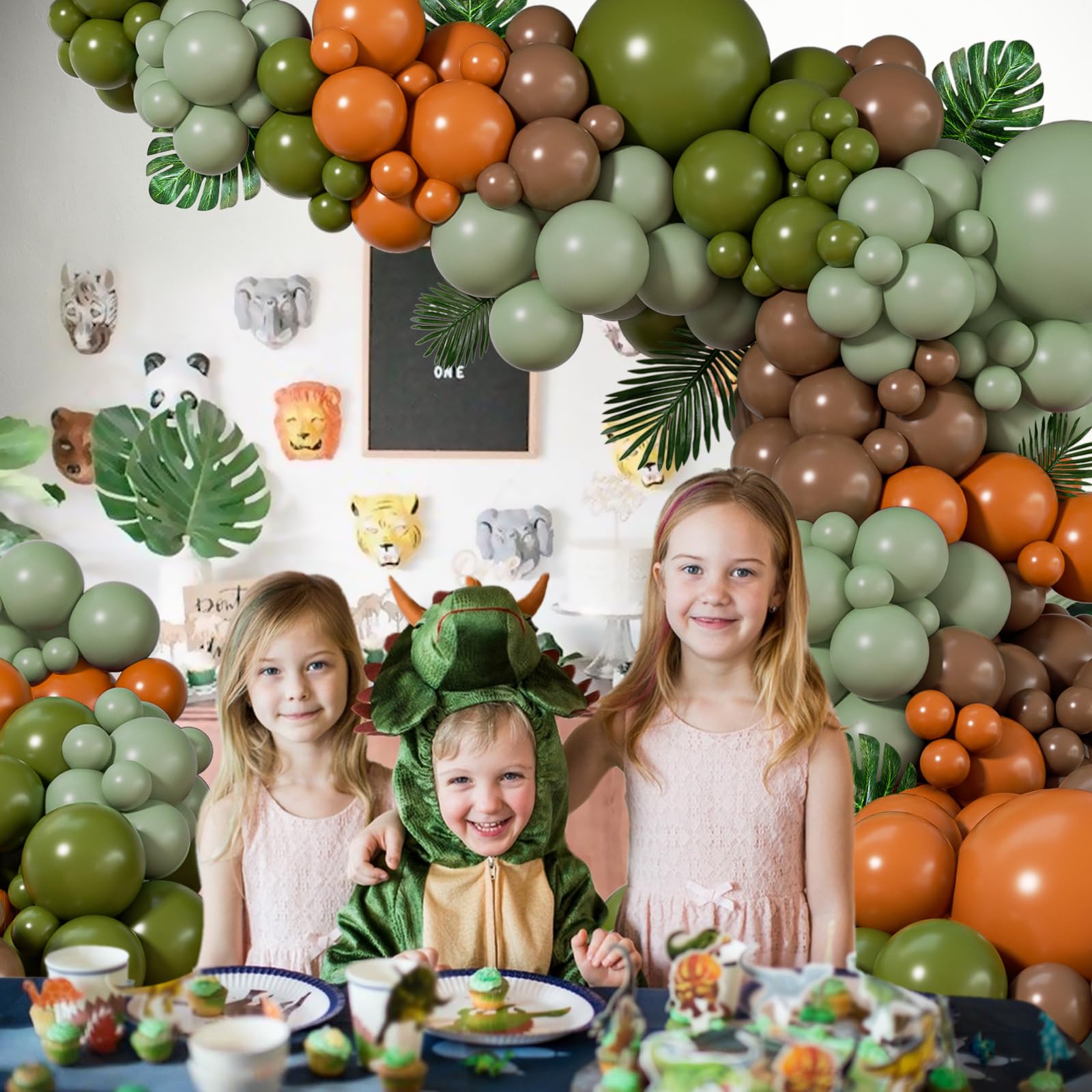 141pcs Dinosaur Balloon Garland Arch Kit, Brown Orange Sage Green Latxe Balloons for Jungle Safari Dinosaur Baby Shower Birthday Party Decorations