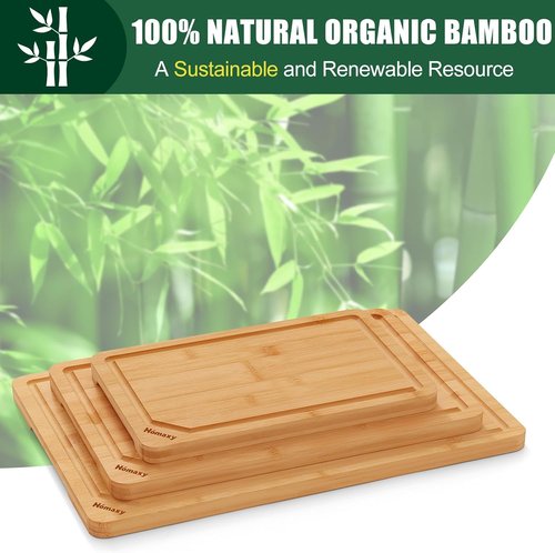 Homaxy Organic Bamboo Cutting Boards Set - 3-Piece Kitchen Boards with Juice Groove & Handles | Ideal for Meat, Fruits & Vegetables