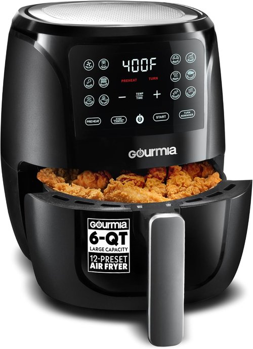 Gourmia Air Fryer - 6 Qt Large Capacity with FryForce 360º & Digital Display | 12 Cooking Presets, Black
