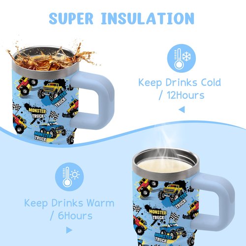 14 oz Monster Truck Tumbler with Handle and Straw for Kids, Insulated Stainless Steel Travel Mug for Boys, Double Wall Vacuum Reusable Cup, Birthday Gifts for Boys
