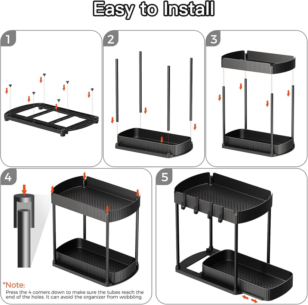 Ukeetap Multi-Purpose Pull-Out Storage Organizers - Under Sink & Cabinet Storage for Bathroom & Kitchen | Black, 12.8 Inches, 2 Packs