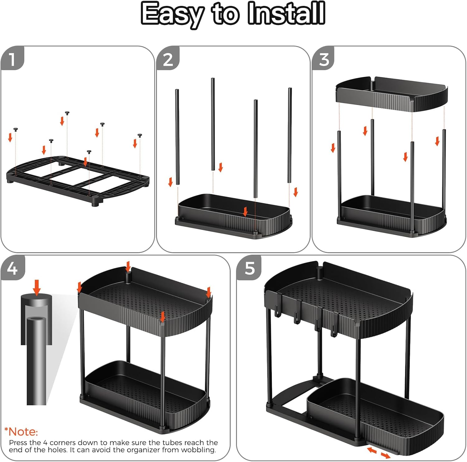 Ukeetap Multi-Purpose Pull-Out Storage Organizers - Under Sink & Cabinet Storage for Bathroom & Kitchen | Black, 12.8 Inches, 2 Packs