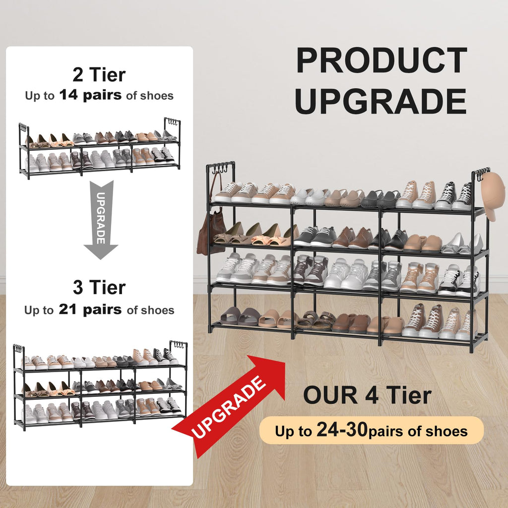 DYJIEKAI 3 Row 4 Tier Long Shoe Rack, Black Metal Stackable Shoe Shelf with Multifunctional Hooks, Shoe Storage Hold 24-30 Pairs, Space Saving Shoe Organizer for Closet,Wide Shoe Rack