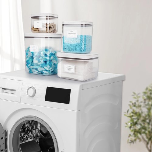 Zingbee 4 Pack Stackable Laundry Pods Container & Dryer Sheet Holder with Pop-Up Lids & Labels, Sealing Laundry Room Organization and Storage Jars for Powder, Scent Bead, Dryer Balls