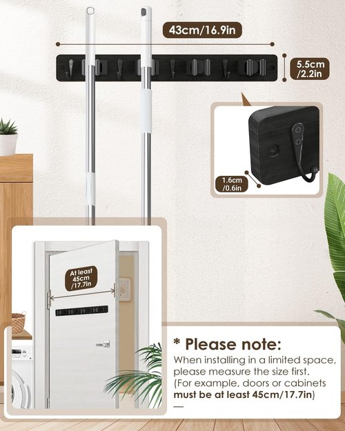 AceMining Wall-Mounted Broom Holder - 4 Holders & 4 Hooks, Natural Pine Wood with Anti-Slip Rubber