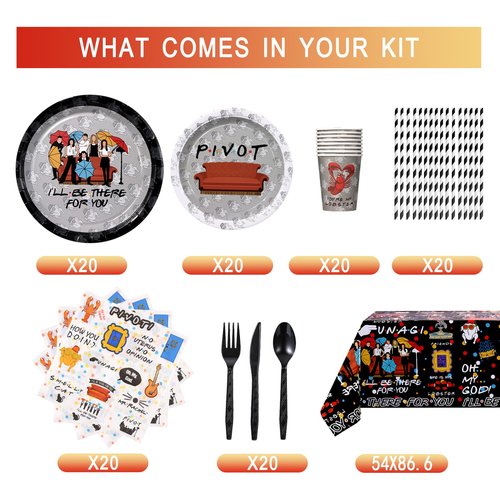 161CT iFriends Party Supplies Disposable iFriends Dinner Plates Cups Straw Napkins Spoon Fork knives Tablecloth, iFriends Birthday Party Decorations and Party Tableware Serves 20 Guests, Black
