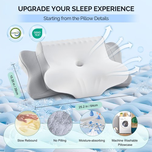 Cervical Pillow for Neck Pain Relief - Cooling Ergonomic Dual-Sided Orthopedic Neck Pillow with Ice Silk Pillowcase, Breathable Memory Foam Contour Pillow for Side, Back, Stomach Sleepers