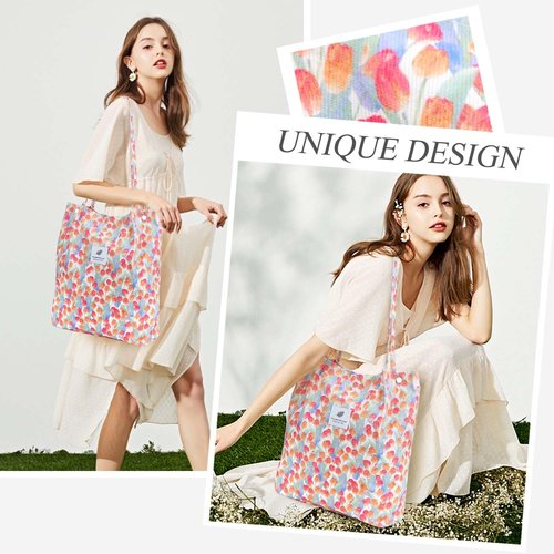 LHMTQVK Corduroy Tote Bags for Women, Large Capacity Corduroy Bag Reusable Grocery Shoulder Bag with Inner Pockets(Tulips)