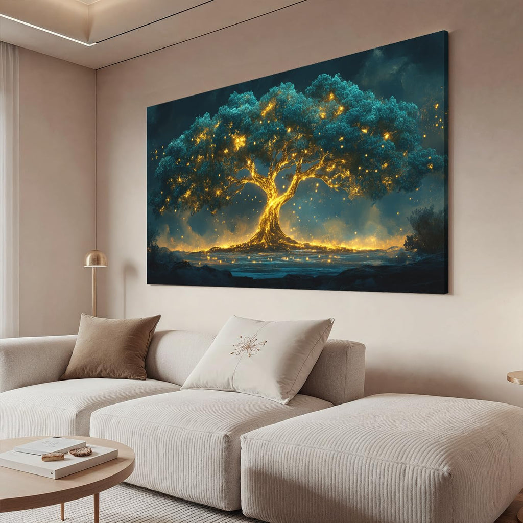 Skiennix Canvas Wall Art - Tree of Life Design in Green & Gold | 20" X 40" for Living Room Decor