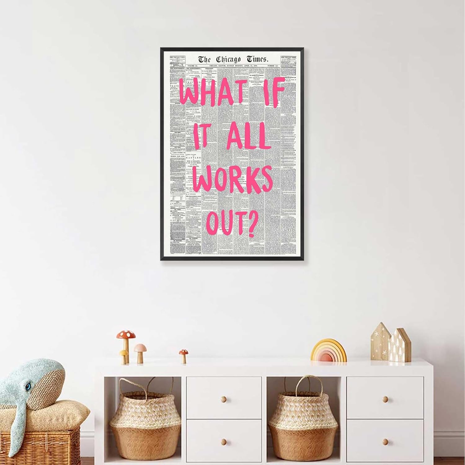 Retro Newspaper Poster by What If It All Works Out - Pink Font Minimalist Wall Art | 8x12in Framed Decor for Home & Bedroom