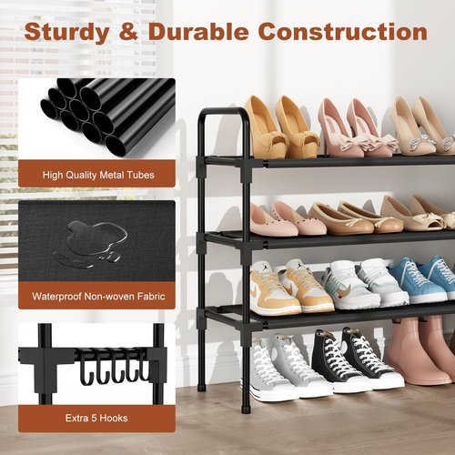 BrFoYu Long Shoe Rack for Closet, 12-16 Pairs Stackable Shoe Organizer, Shoe Shelf Storage for Sneakers & Boots Shoe Storage for Entryway Dorm Garage, Black, with 5 Hooks