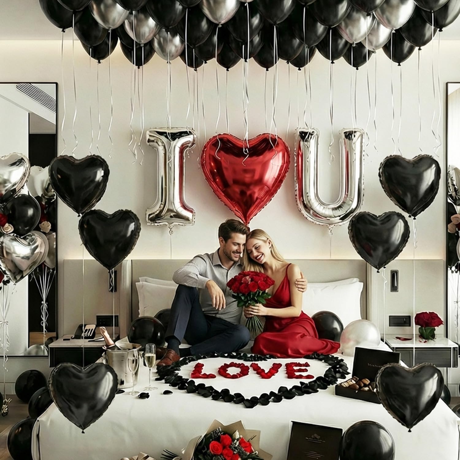 Black Silver Romantic Special Night Decorations with I Love You and Heart Balloons & 600 Rose Petals for Anniversary, Valentine Day, Bedroom, Hotel Room, Birthday Decorations for Him