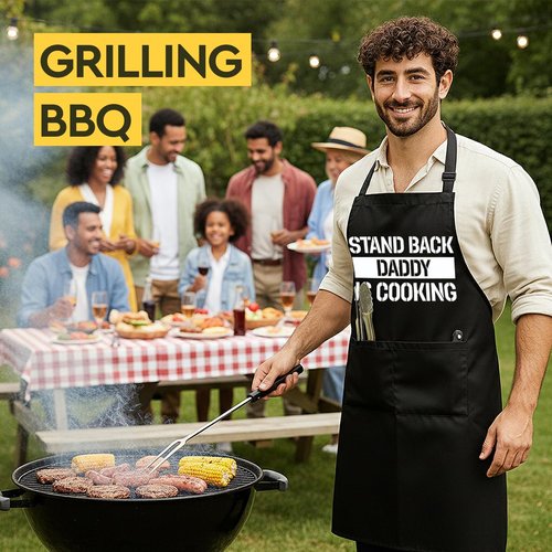 Niyorayna Funny Black Grill Apron with Pockets for Man,Daddy,Husband,Father in Law,Standback Daddy is Cooking,Dad Grilling Apron Gifts from Daughter Son,Man BBQ Cooking Gifts for Birthday Christmas