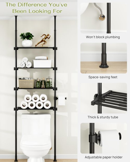 ALLZONE Adjustable Over The Toilet Storage Shelf, 4-Tier Ample Over Toilet Bathroom Organizer and Storage,Tension Mounted Above Toilet Storage Cabinet for Versatility, Fits 64-113 Inch Heights, Black