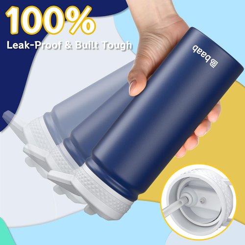 baab 18oz Kids Water Bottle, Insulated Water Bottle with Straw & Stickers, 18/8 Stainless Steel Vacuum Leakproof Kids Water Straw Cup for School, Gift for Boy Girl (Navy Blue+Light Blue, 2 Pack)