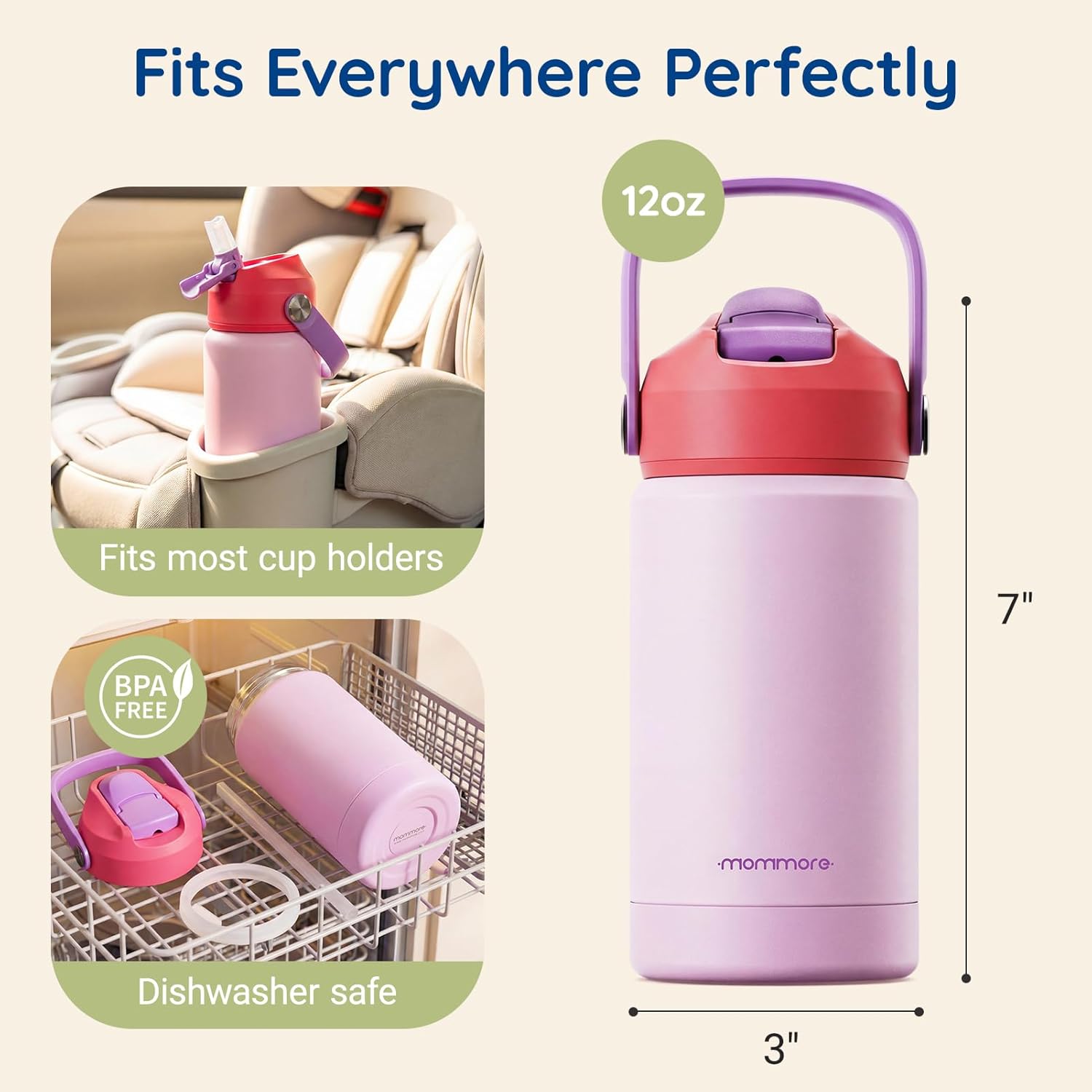 Mommore Kids Water Bottle - 12 Oz Insulated Stainless Steel, Leakproof & BPA-Free, Dinosaur Design