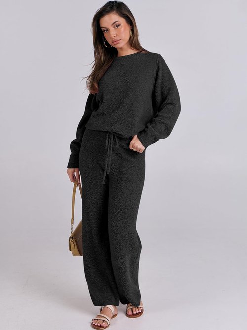 ANRABESS Women's Fuzzy Fleece Pajama Set - Cozy Long Sleeve Top & Wide Leg Pants | Fall/Winter 2025