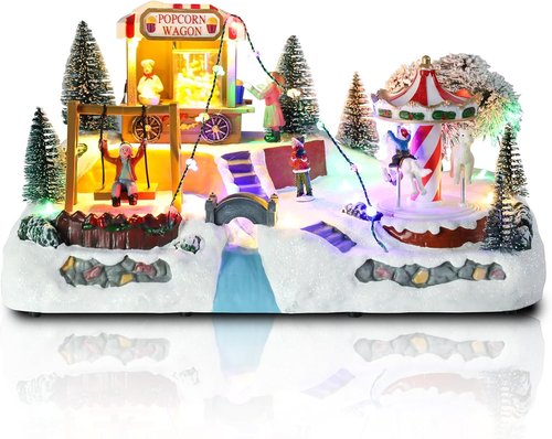 Afirst Christmas Village Houses - Lighted Collectible Figurines with Rotating Carousel & Musical Features | Indoor Display